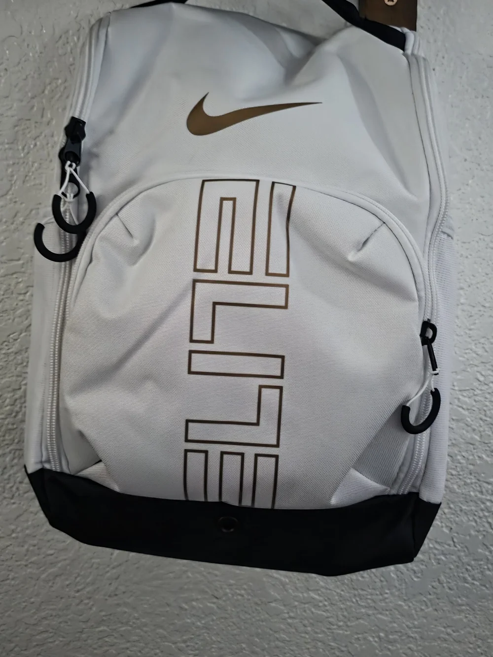 Nike White Backpack with Gold Logo and Black Base Baseball Shoe Bag